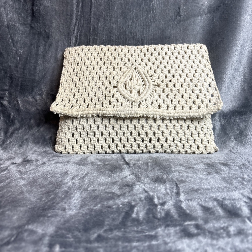 Vintage Macrame Clutch Mister Ernest Cream Cotton Boho 70s Handbag Wallet - Picture 16 of 16